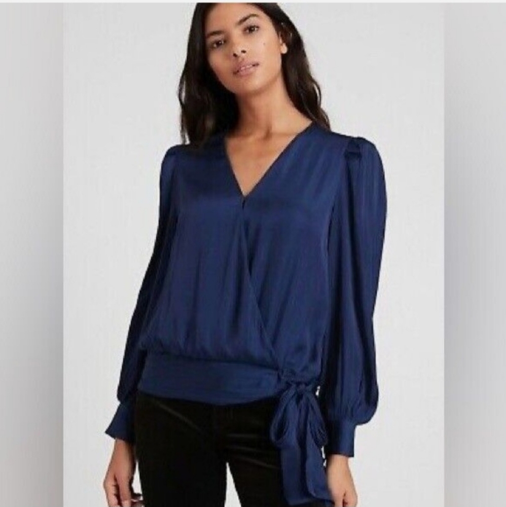 NWT Banana Republic Midnight Blue Satin Tie/Sash Blouse XS